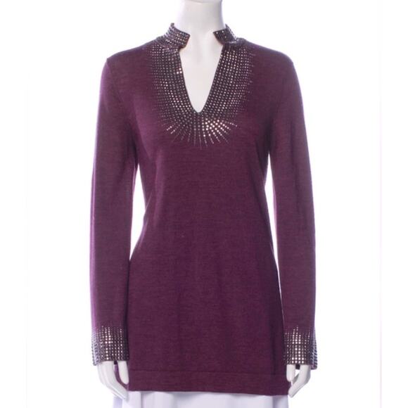 Tory Burch Purple Embellished Silver Studded Merino Wool Elegant Sweater sz. S - Picture 1 of 10